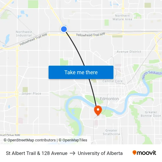 St Albert Trail & 128 Avenue to University of Alberta map