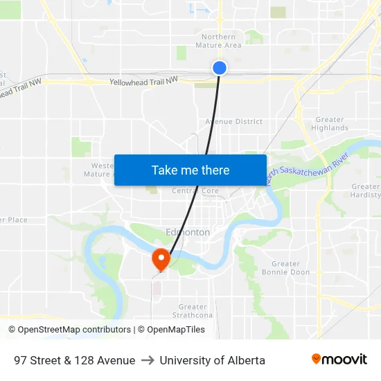 97 Street & 128 Avenue to University of Alberta map