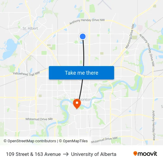109 Street & 163 Avenue to University of Alberta map