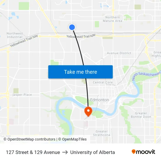 127 Street & 129 Avenue to University of Alberta map