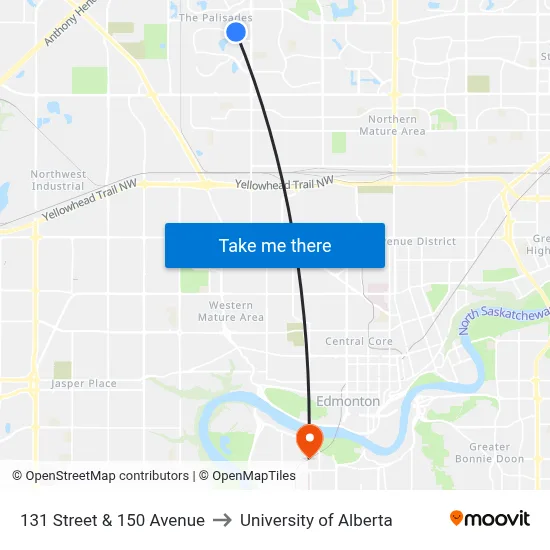 131 Street & 150 Avenue to University of Alberta map