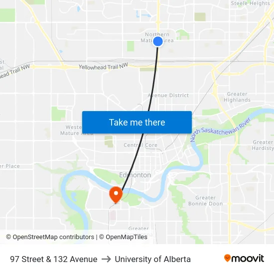 97 Street & 132 Avenue to University of Alberta map