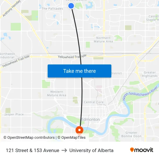 121 Street & 153 Avenue to University of Alberta map