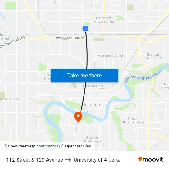 112 Street & 129 Avenue to University of Alberta map