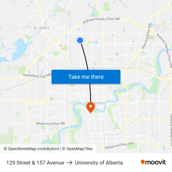 129 Street & 157 Avenue to University of Alberta map