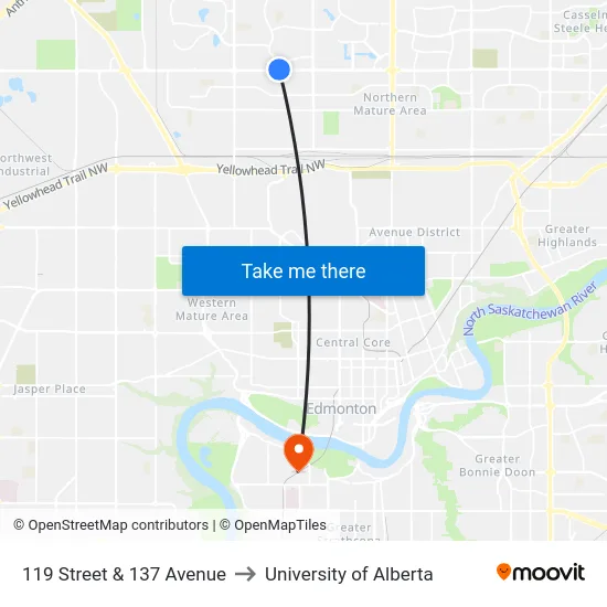 119 Street & 137 Avenue to University of Alberta map