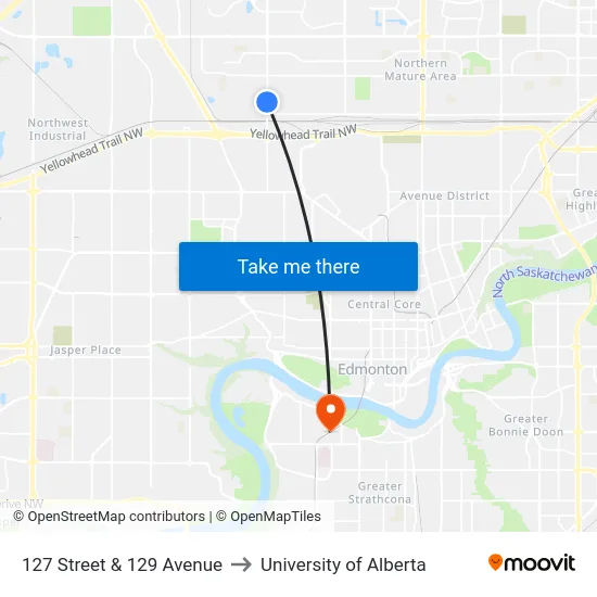 127 Street & 129 Avenue to University of Alberta map