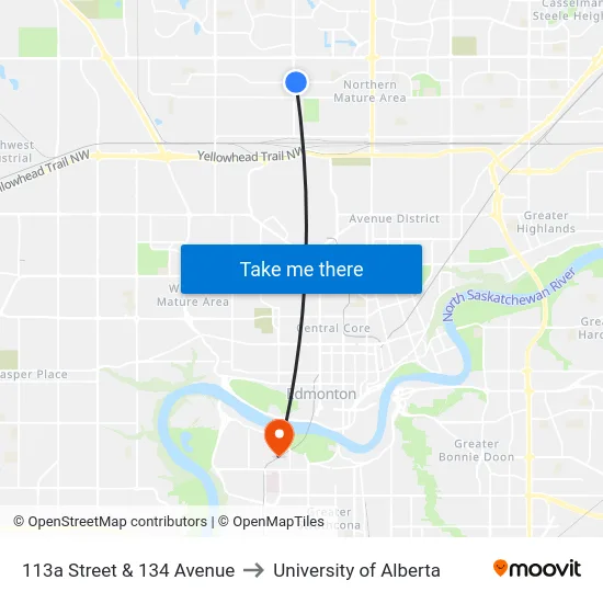 113a Street & 134 Avenue to University of Alberta map