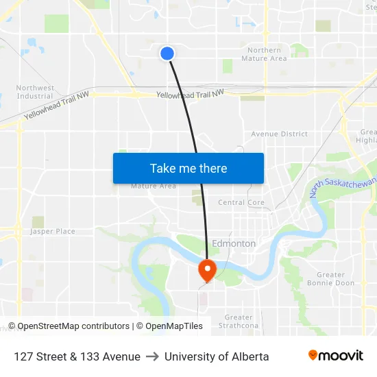 127 Street & 133 Avenue to University of Alberta map