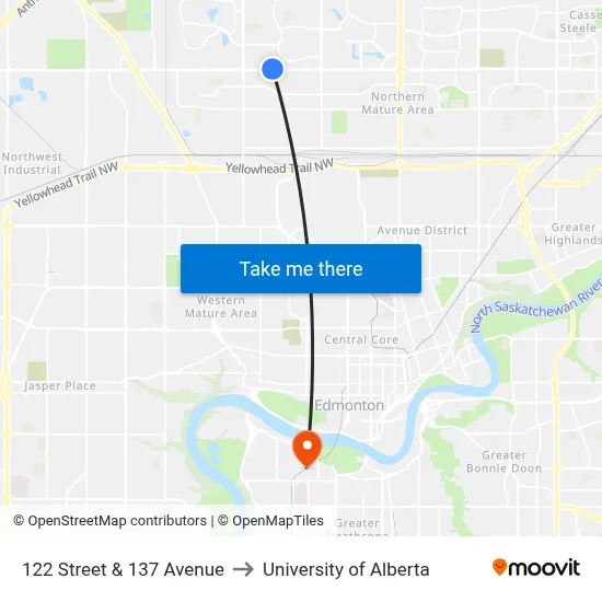 122 Street & 137 Avenue to University of Alberta map