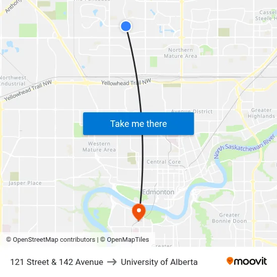 121 Street & 142 Avenue to University of Alberta map