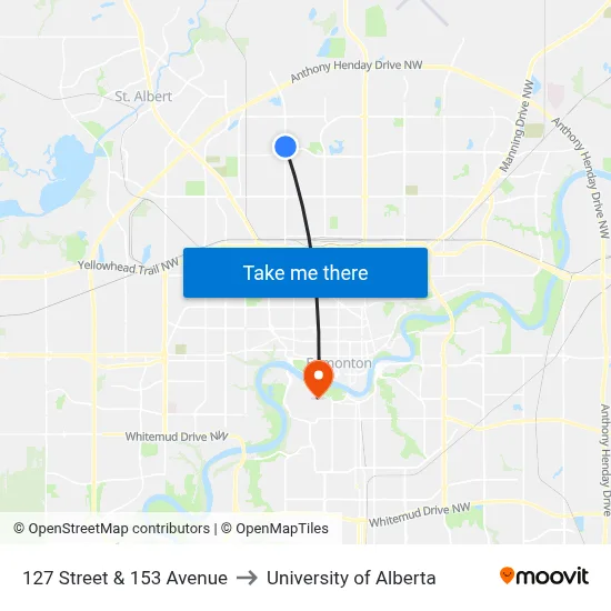 127 Street & 153 Avenue to University of Alberta map