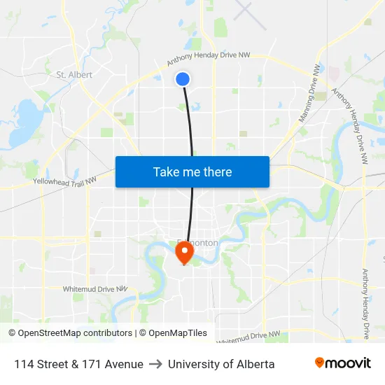 114 Street & 171 Avenue to University of Alberta map
