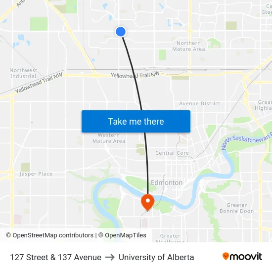 127 Street & 137 Avenue to University of Alberta map