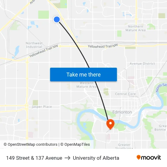 149 Street & 137 Avenue to University of Alberta map
