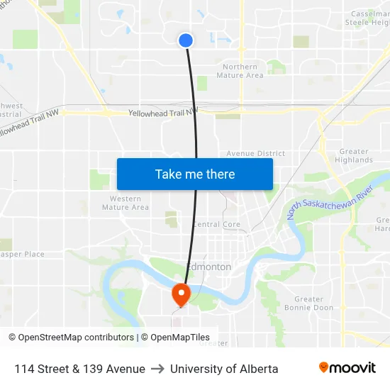 114 Street & 139 Avenue to University of Alberta map
