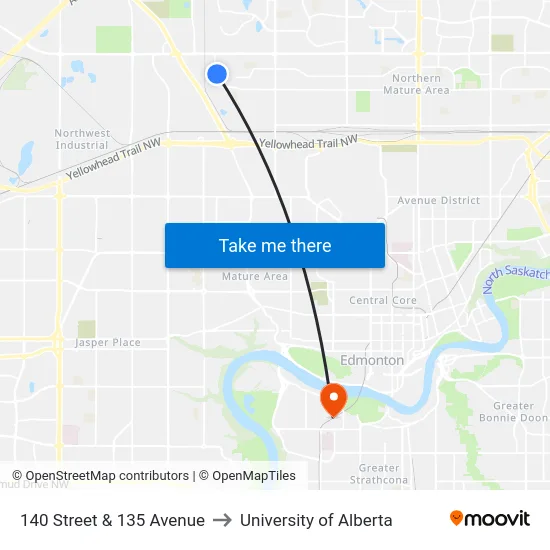 140 Street & 135 Avenue to University of Alberta map