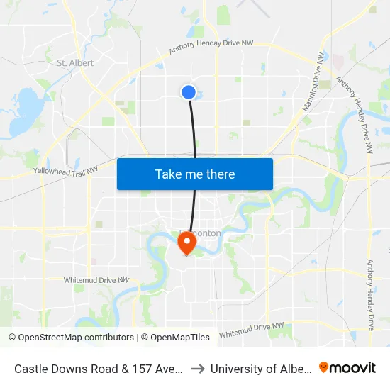 Castle Downs Road & 157 Avenue to University of Alberta map