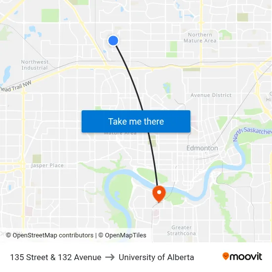 135 Street & 132 Avenue to University of Alberta map