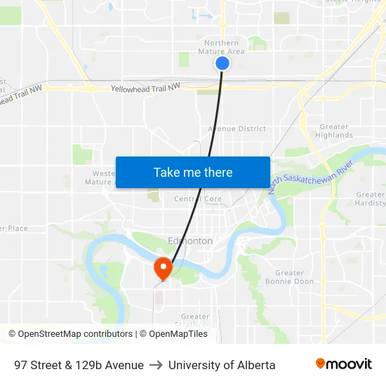 97 Street & 129b Avenue to University of Alberta map
