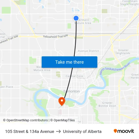 105 Street & 134a Avenue to University of Alberta map