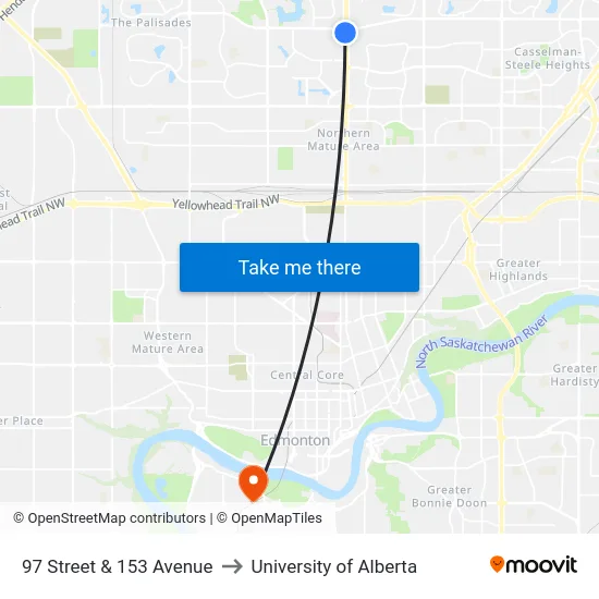 97 Street & 153 Avenue to University of Alberta map