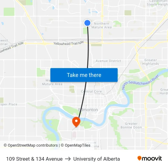 109 Street & 134 Avenue to University of Alberta map
