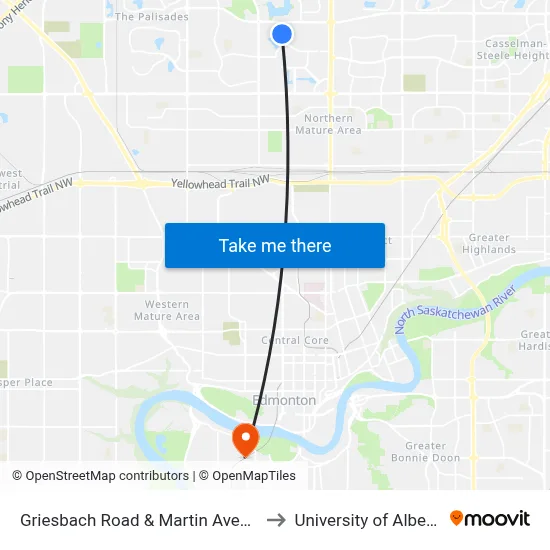 Griesbach Road & Martin Avenue to University of Alberta map