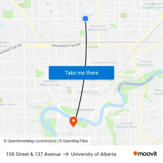 108 Street & 137 Avenue to University of Alberta map