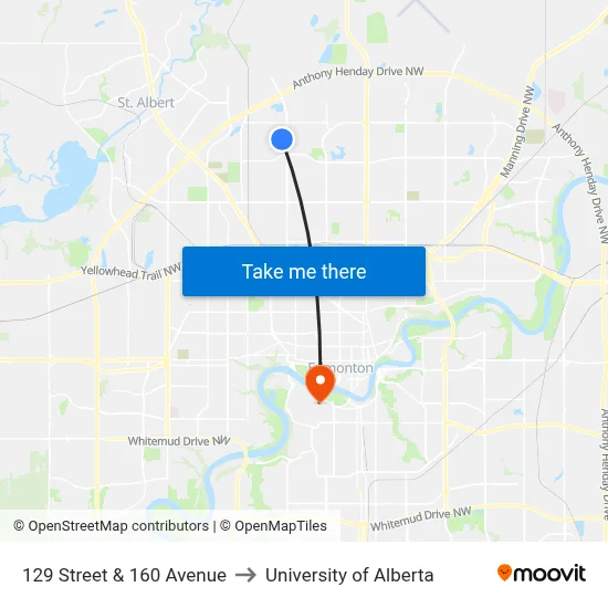 129 Street & 160 Avenue to University of Alberta map