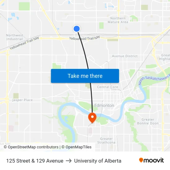 125 Street & 129 Avenue to University of Alberta map