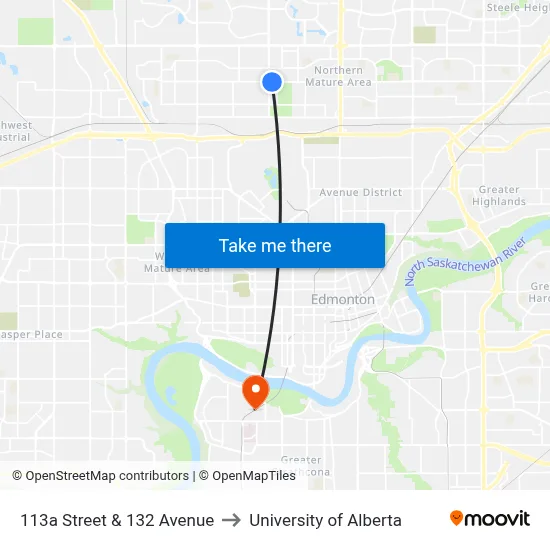 113a Street & 132 Avenue to University of Alberta map