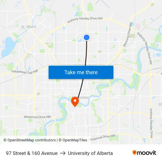 97 Street & 160 Avenue to University of Alberta map