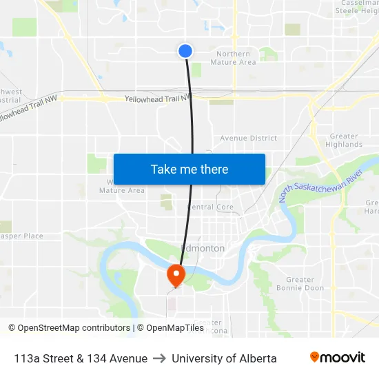 113a Street & 134 Avenue to University of Alberta map