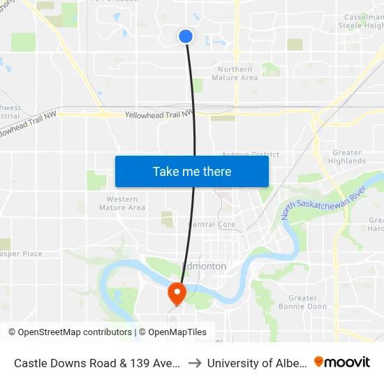 Castle Downs Road & 139 Avenue to University of Alberta map