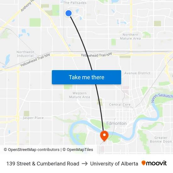 139 Street & Cumberland Road to University of Alberta map