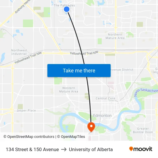 134 Street & 150 Avenue to University of Alberta map