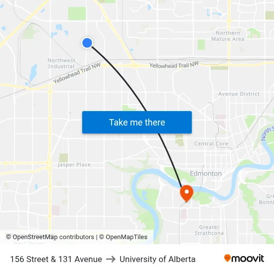 156 Street & 131 Avenue to University of Alberta map