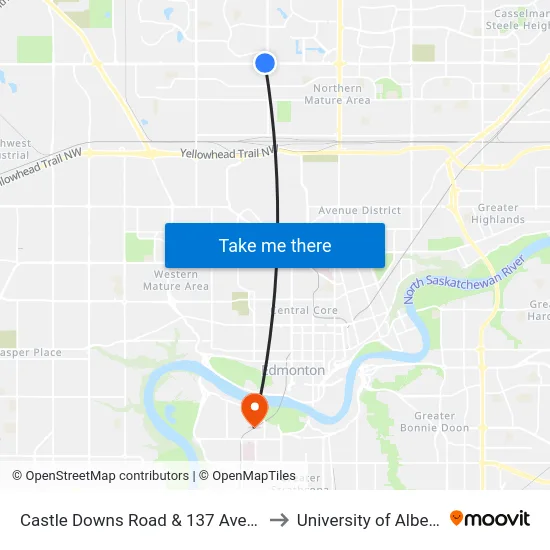 Castle Downs Road & 137 Avenue to University of Alberta map
