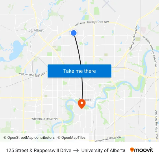 125 Street & Rapperswill Drive to University of Alberta map