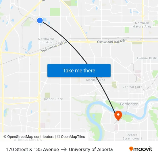 170 Street & 135 Avenue to University of Alberta map