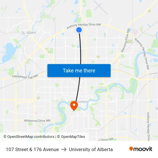 107 Street & 176 Avenue to University of Alberta map