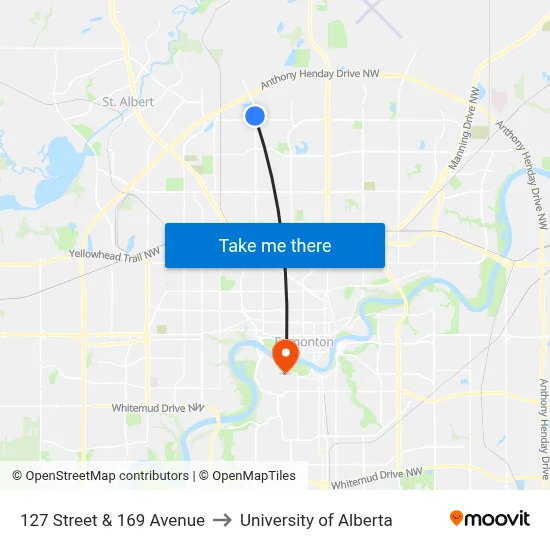 127 Street & 169 Avenue to University of Alberta map