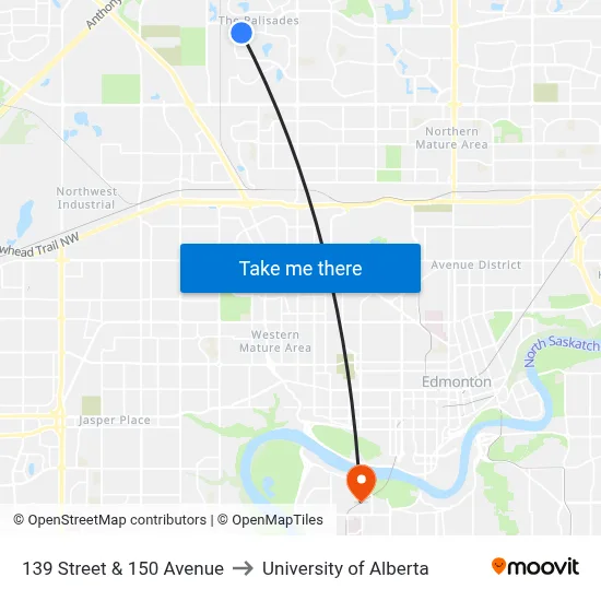 139 Street & 150 Avenue to University of Alberta map