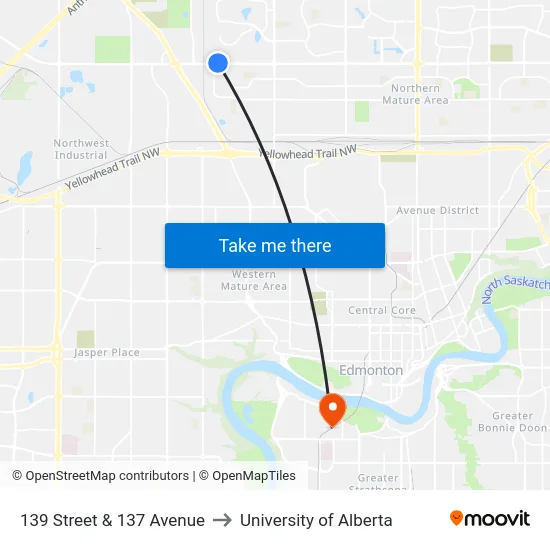 139 Street & 137 Avenue to University of Alberta map