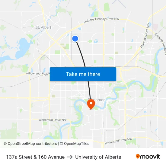 137a Street & 160 Avenue to University of Alberta map
