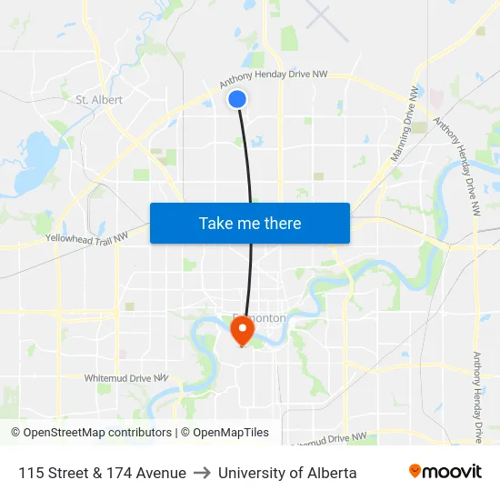 115 Street & 174 Avenue to University of Alberta map