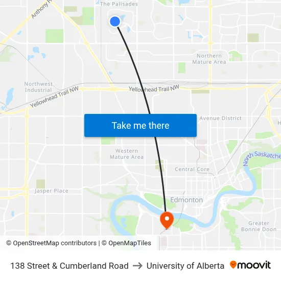 138 Street & Cumberland Road to University of Alberta map