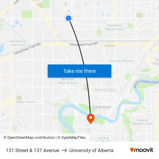 131 Street & 137 Avenue to University of Alberta map
