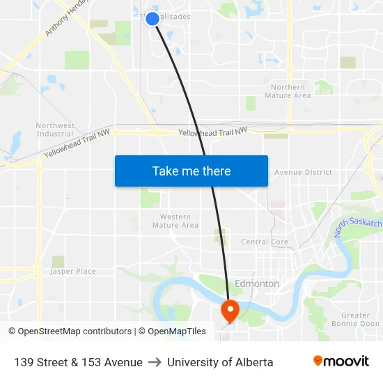 139 Street & 153 Avenue to University of Alberta map